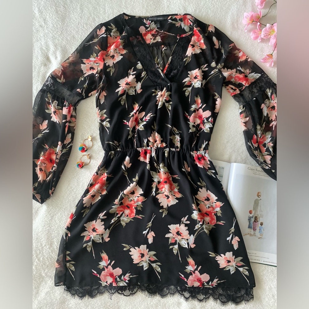 {WHBM}. Floral Black & Pink Chiffon Dress. - Picture 10 of 15